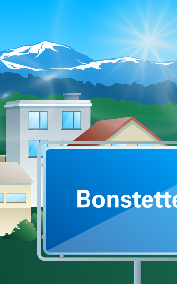Graphic with place name sign from Bonstetten. The town can be seen in the background.